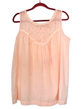 Vtg  Katz Pink Embroidered Lace Yoke Slip Top Boudoir Lingerie Nightgown M